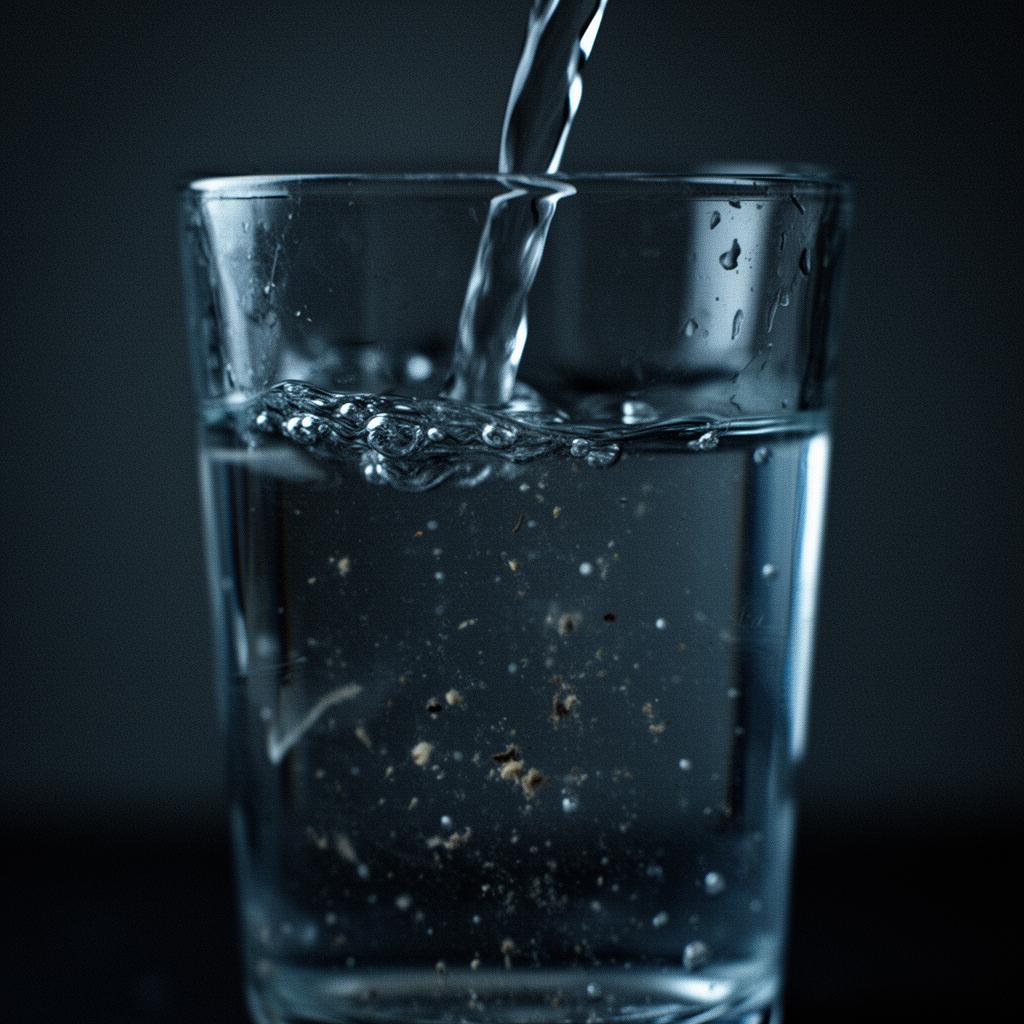 Copo de água sendo enchido com partículas visíveis de contaminação