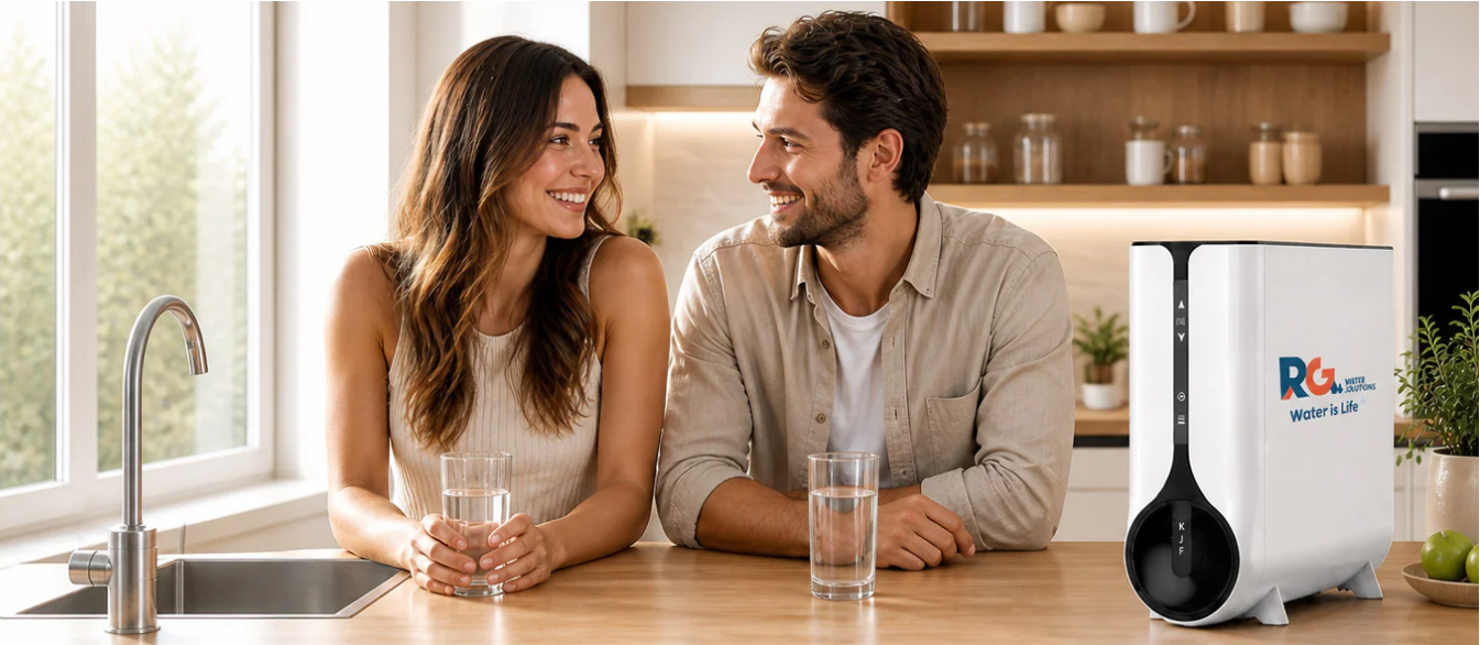 Família na cozinha com sistema de filtragem RG Water Solutions